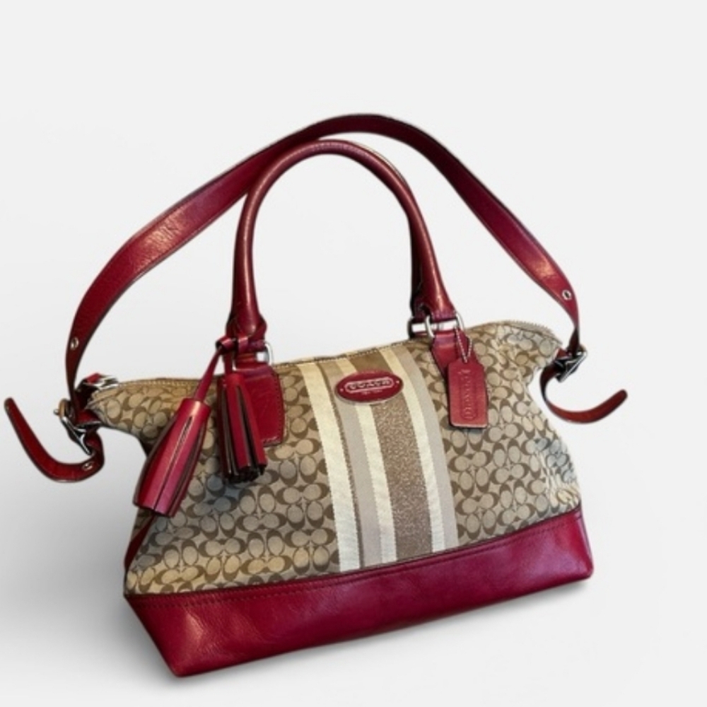 Coach Raspberry and Tan Signature Satchel - Picture 2 of 6